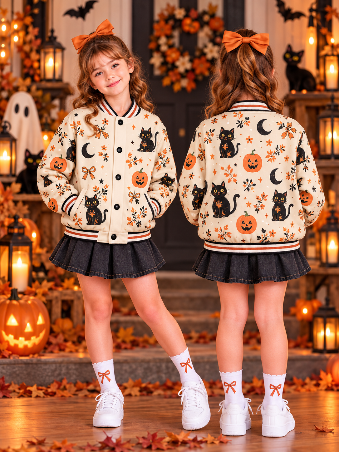 Black Cat Pumpkin Print Kids Baseball Jacket