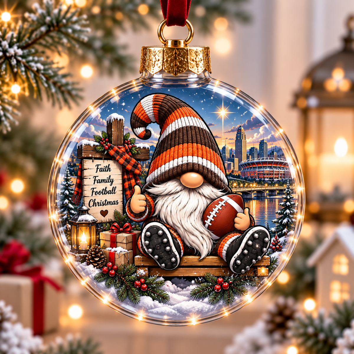 Personalized Brown Orange Football Gnome Christmas Ball Ornament