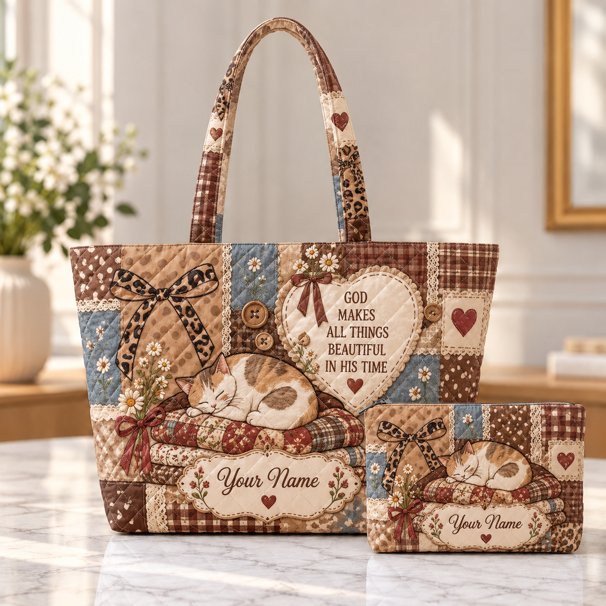 Personalized Cozy Sleeping Cat Quilted Shoulder Bag & Storage Bag