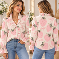 Pink Strawberry Bow V-Neck Lace Trim Shirt
