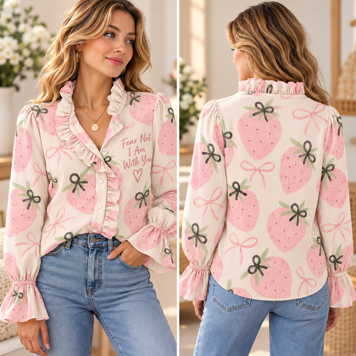 Pink Strawberry Bow V-Neck Lace Trim Shirt