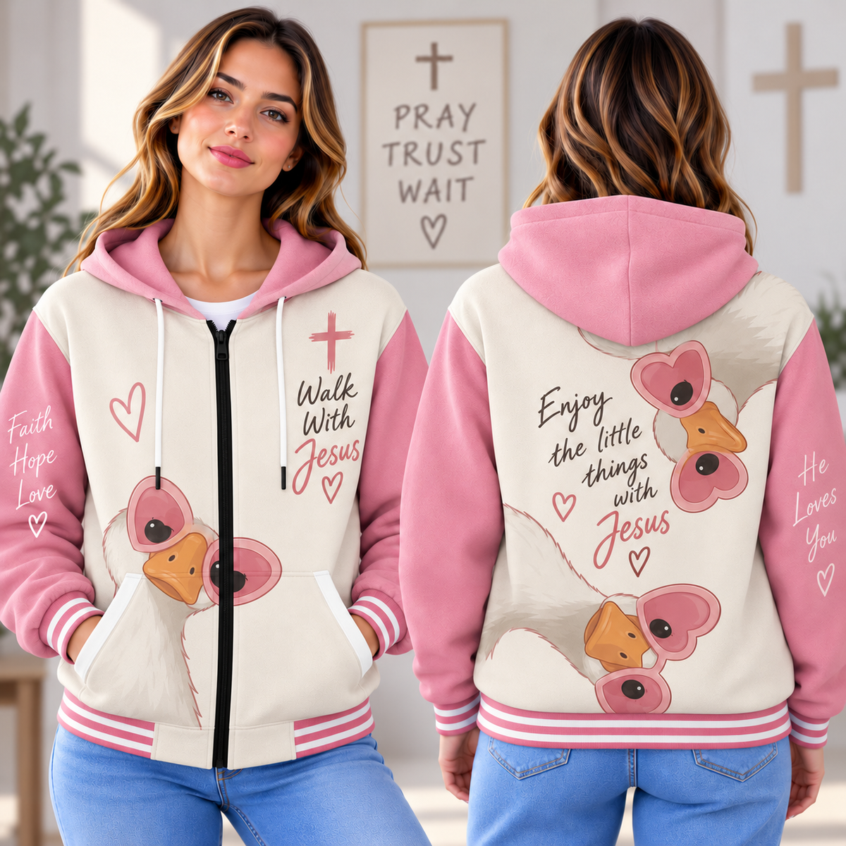Heart Sunglasses Duck Zip-up Baseball Jacket