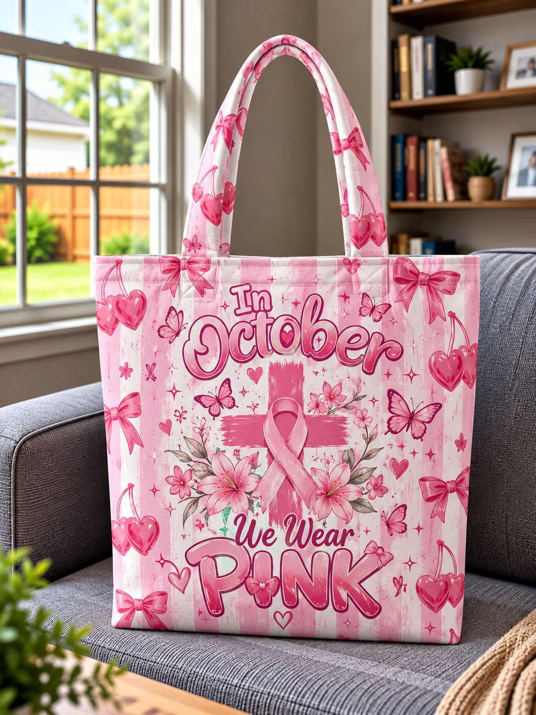 In October We Wear Pink Ribbon Cross Cherry Bow Tote Bag