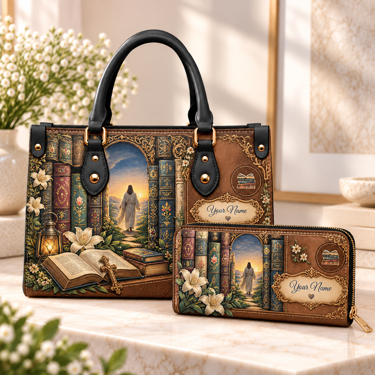Personalized Vintage Book Archway PU Leather Handbag & Leather Long Wallet
