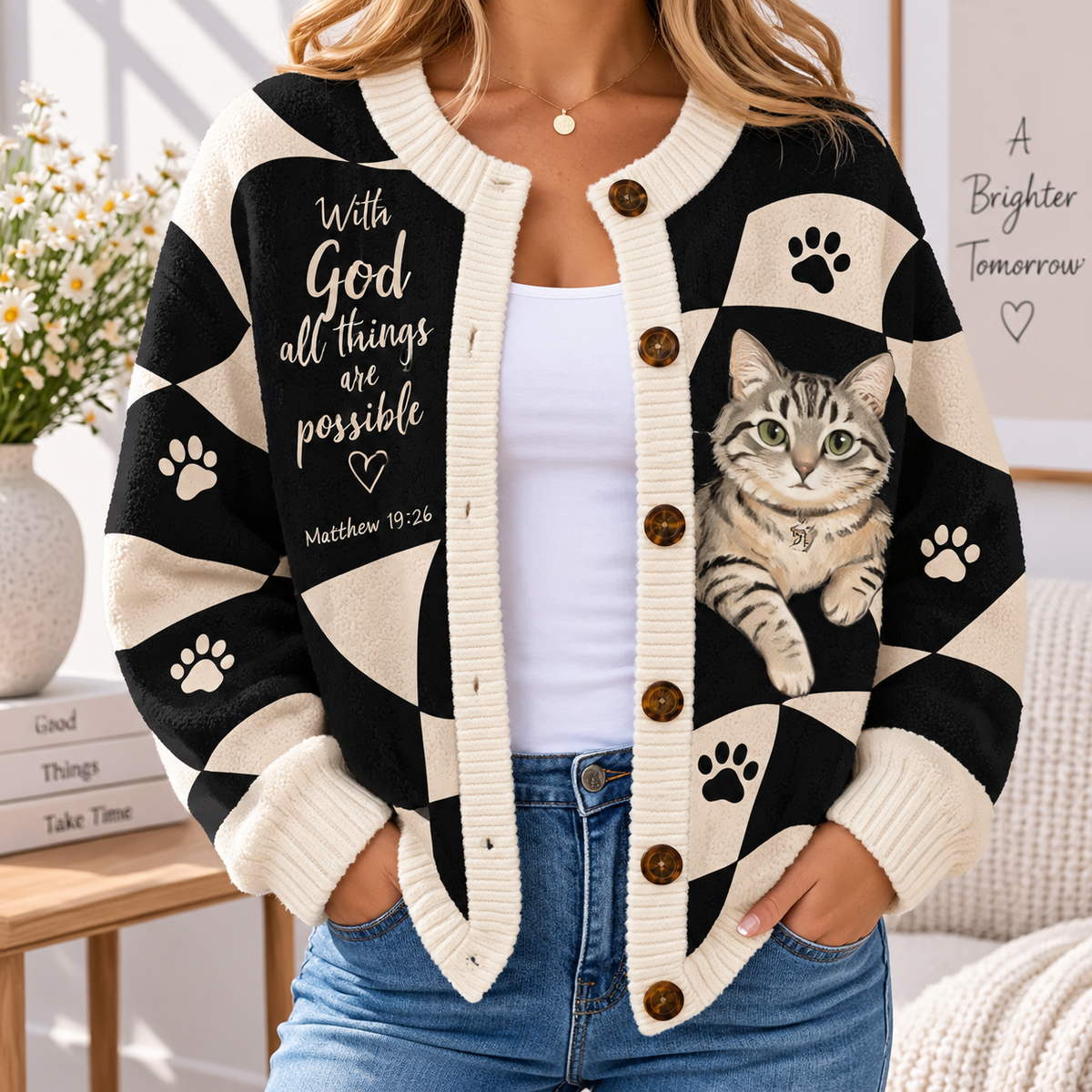 Tabby Cat Checkerboard Women's Cardigan Sweater