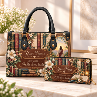 Personalized Vintage Floral Books PU Leather Handbag & Leather Long Wallet