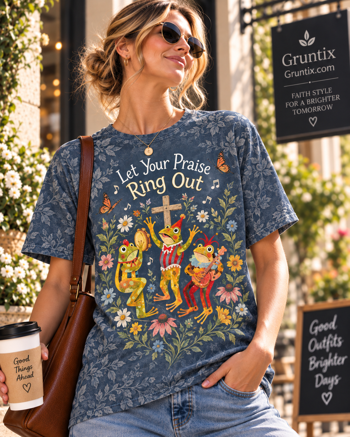 Let Your Praise Ring Out Folk Art Frog Band Christian T-Shirt