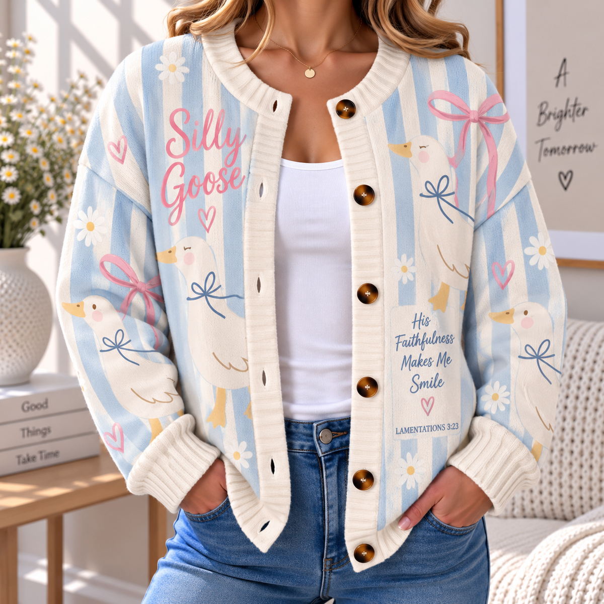 Silly Goose Blue Stripe Women's Cardigan Sweater
