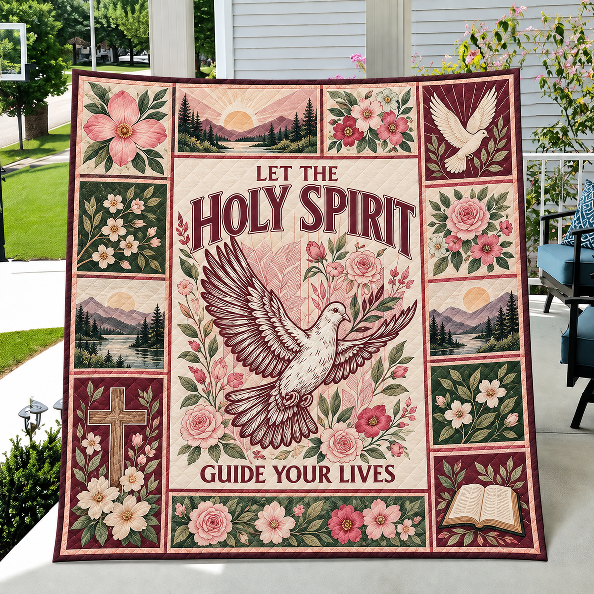 Let The Holy Spirit Guide Your Lives White Dove Floral Quilt
