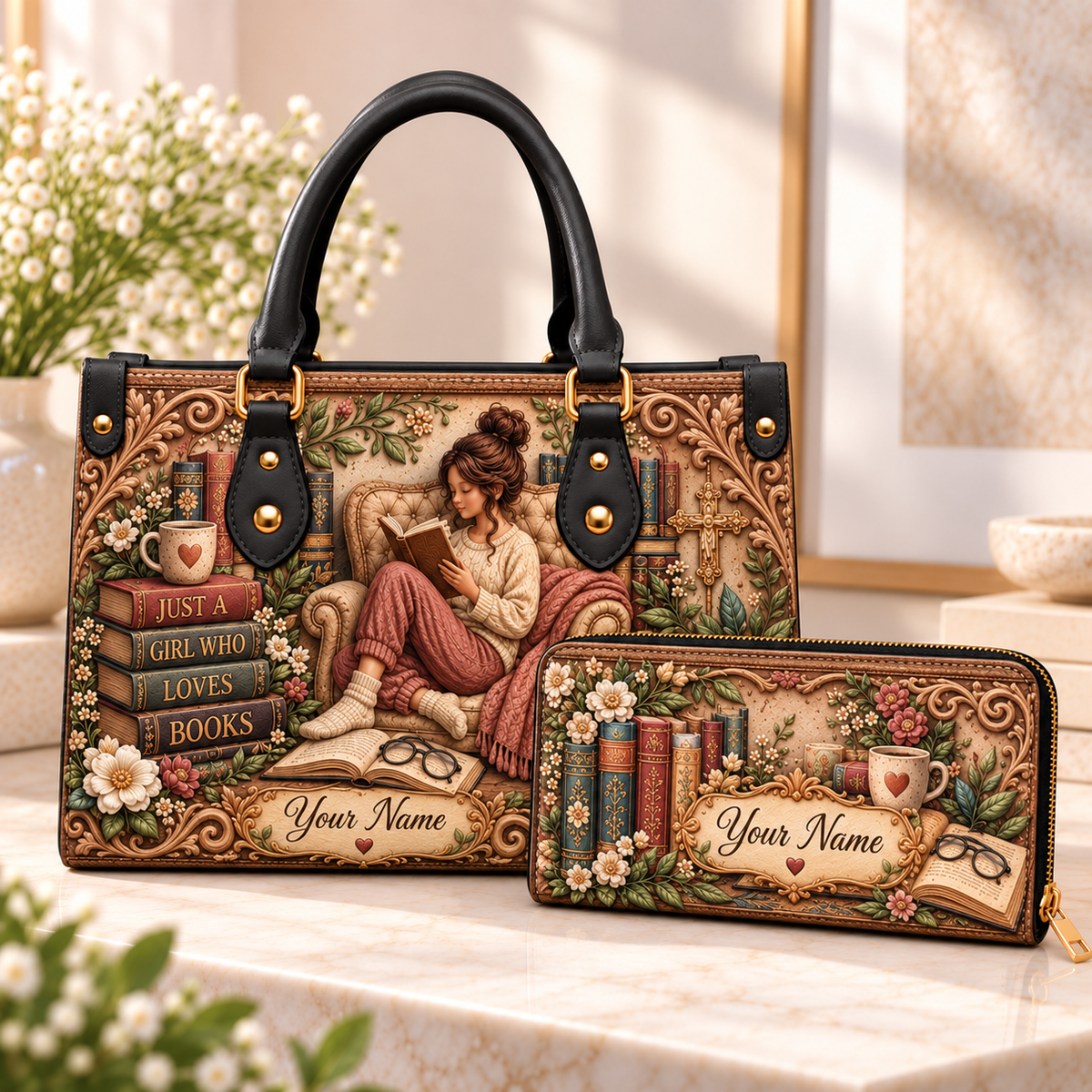 Personalized Cozy Reading Girl PU Leather Handbag & Leather Long Wallet