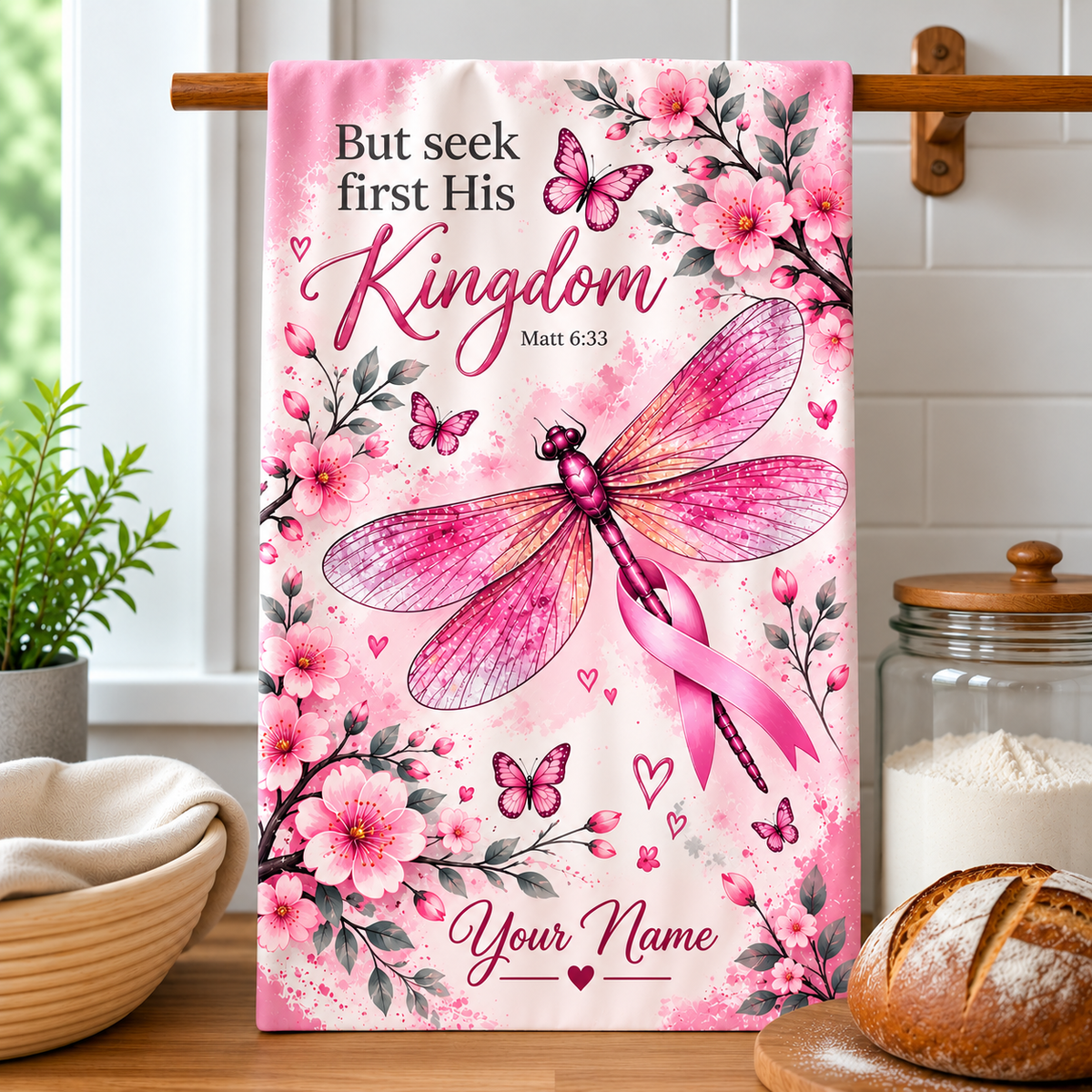 Personalized Seek First His Kingdom Dragonfly Kitchen Towel