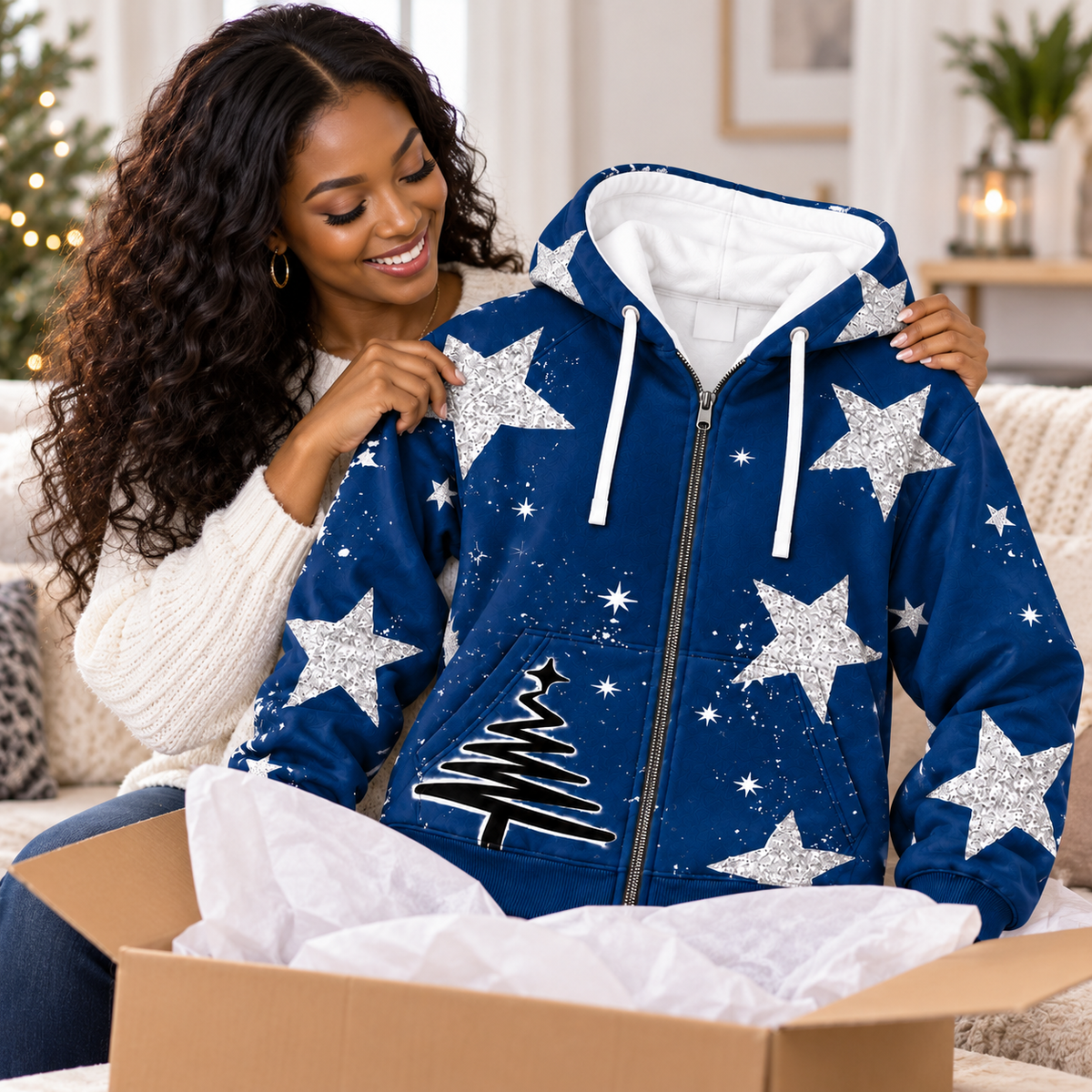 Personalized Navy Silver Star Zip Hoodie