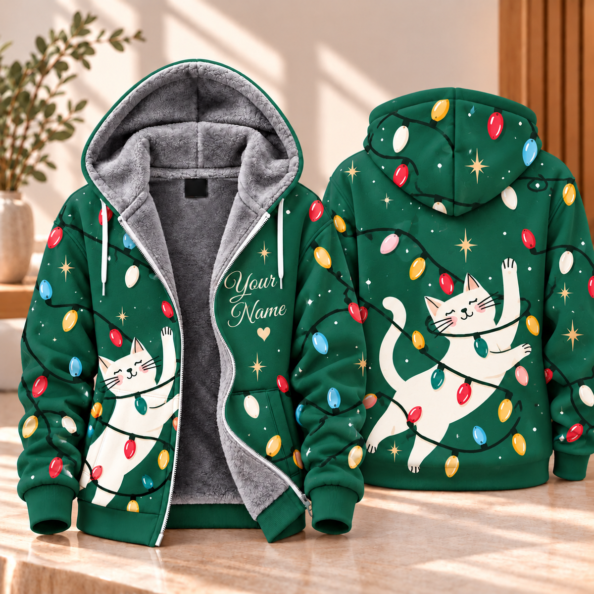 White Cat Christmas Personalized Fleece Jacket