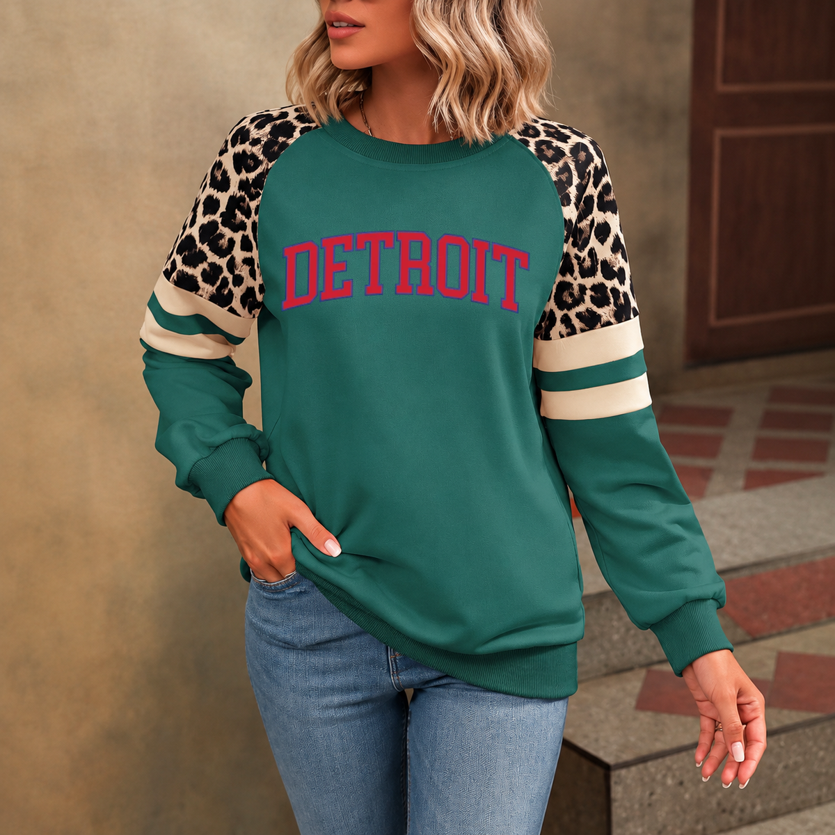 Detroit God Is In DET Leopard Sleeve Sweatshirt