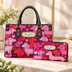 Personalized Dachshund Hearts PU Leather Handbag & Leather Long Wallet