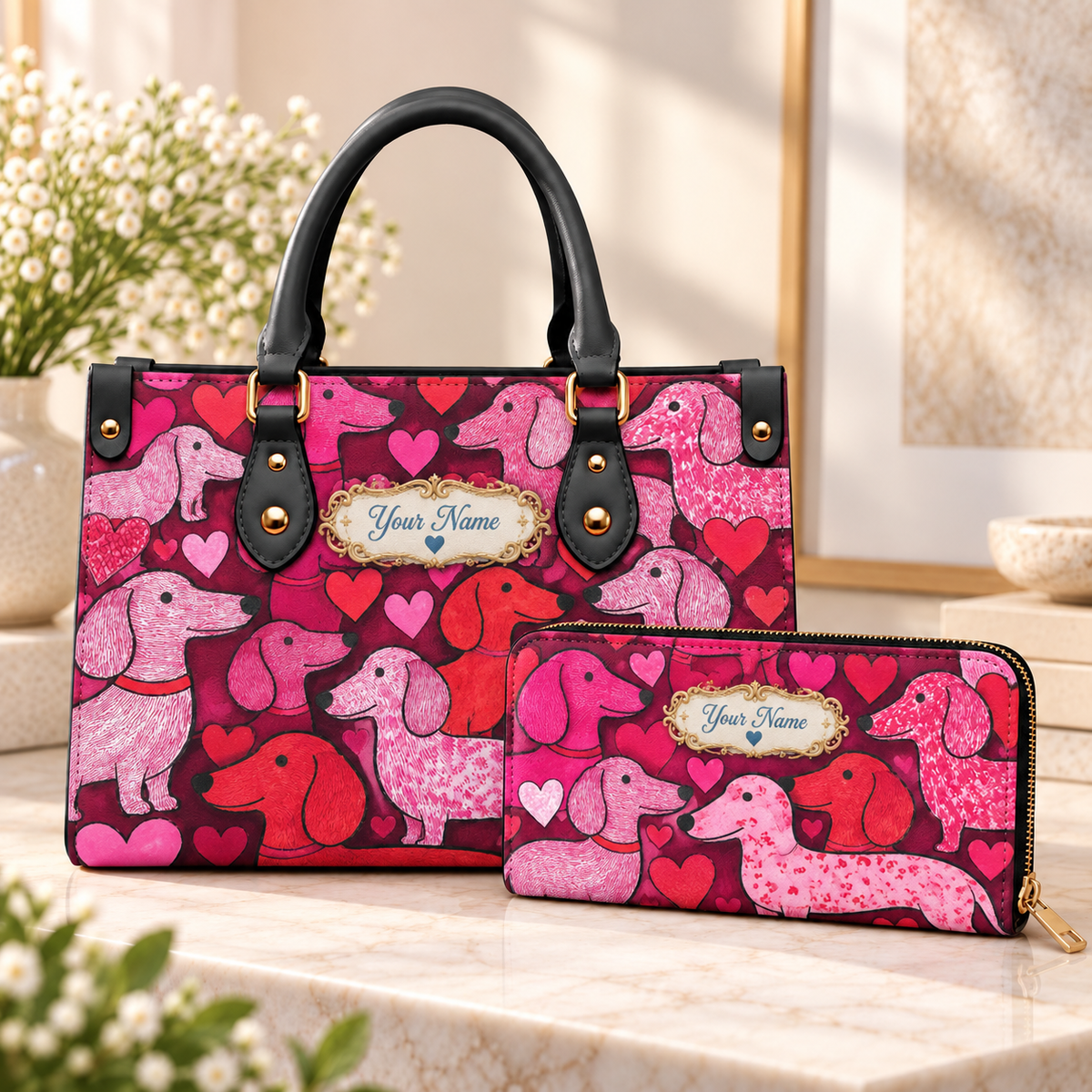 Personalized Dachshund Hearts PU Leather Handbag & Leather Long Wallet
