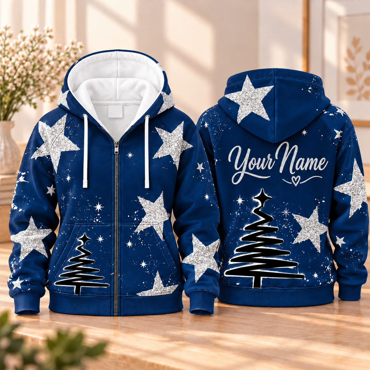 Personalized Navy Silver Star Zip Hoodie