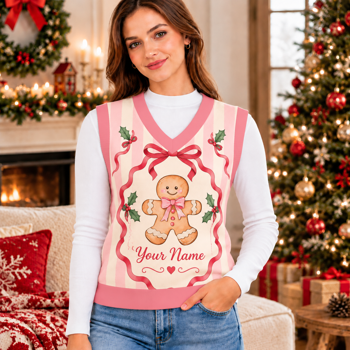 Personalized Pink Gingerbread Knitted V-Neck Vest