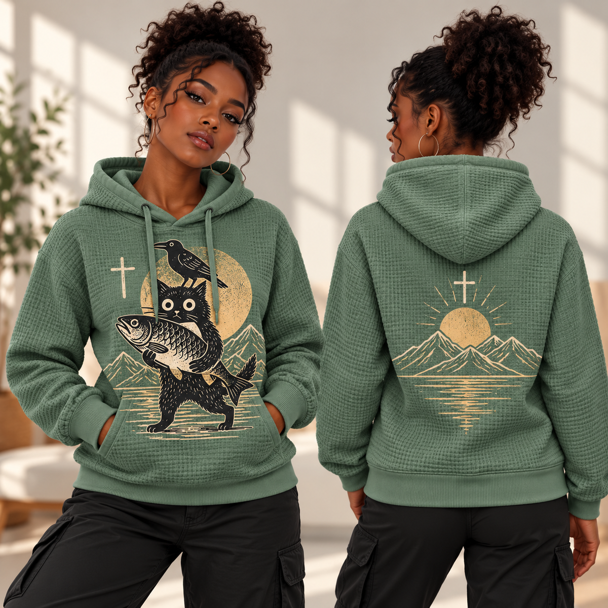 Black Cat Fishing Waffle Hoodie