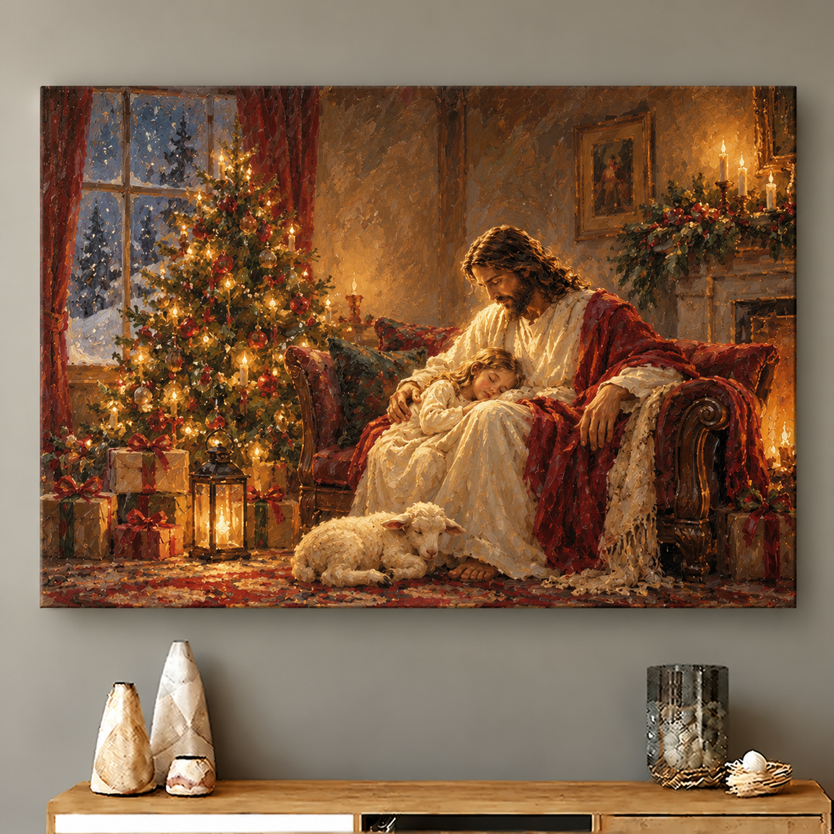 Cozy Christmas Child and Lamb Canvas