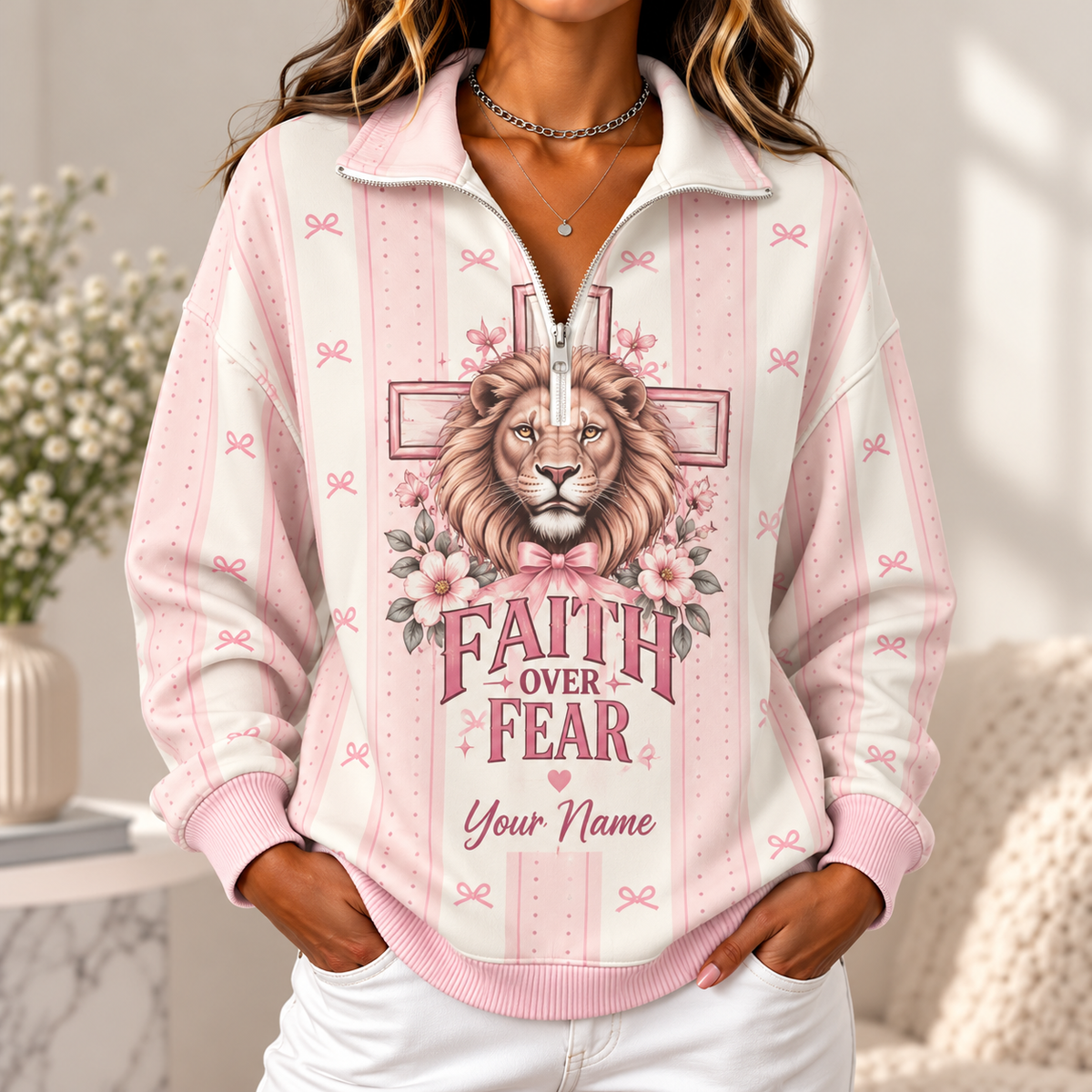 Personalized Floral Lion Women's Half-zip Sweatshirt NWY076
