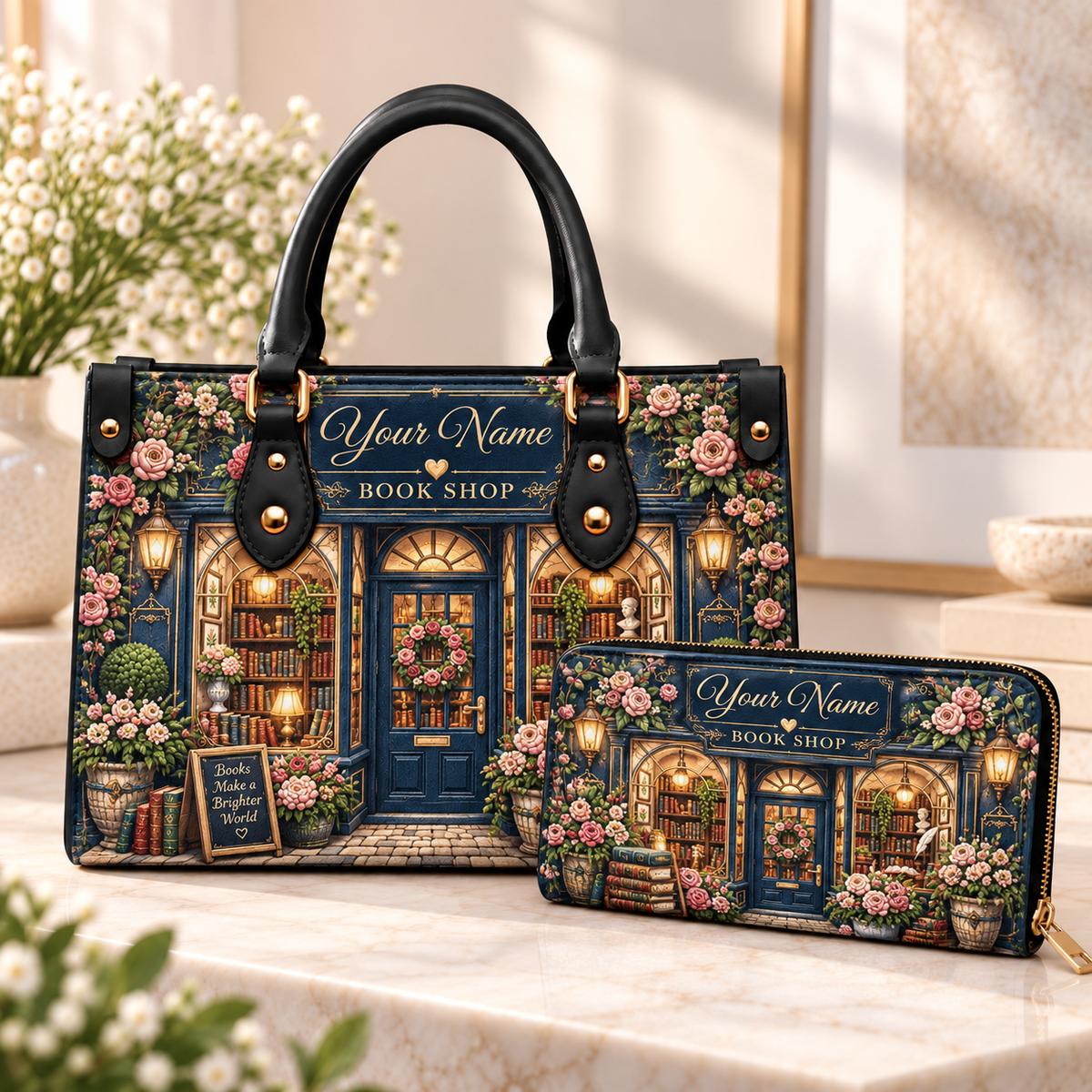 Personalized Rose Bookshop PU Leather Handbag & Leather Long Wallet