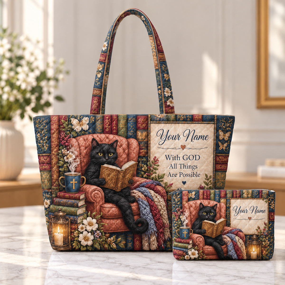 Personalized Black Reading Cat Quilted Shoulder Bag & Storage Bag