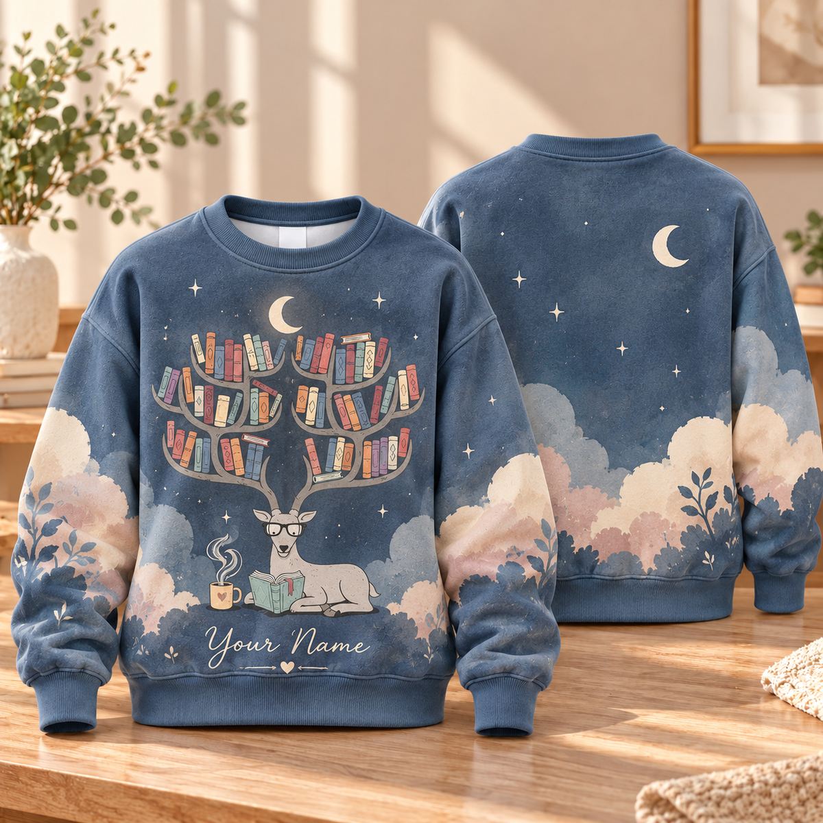 Personalized Moonlit Reading Deer Sweatshirt