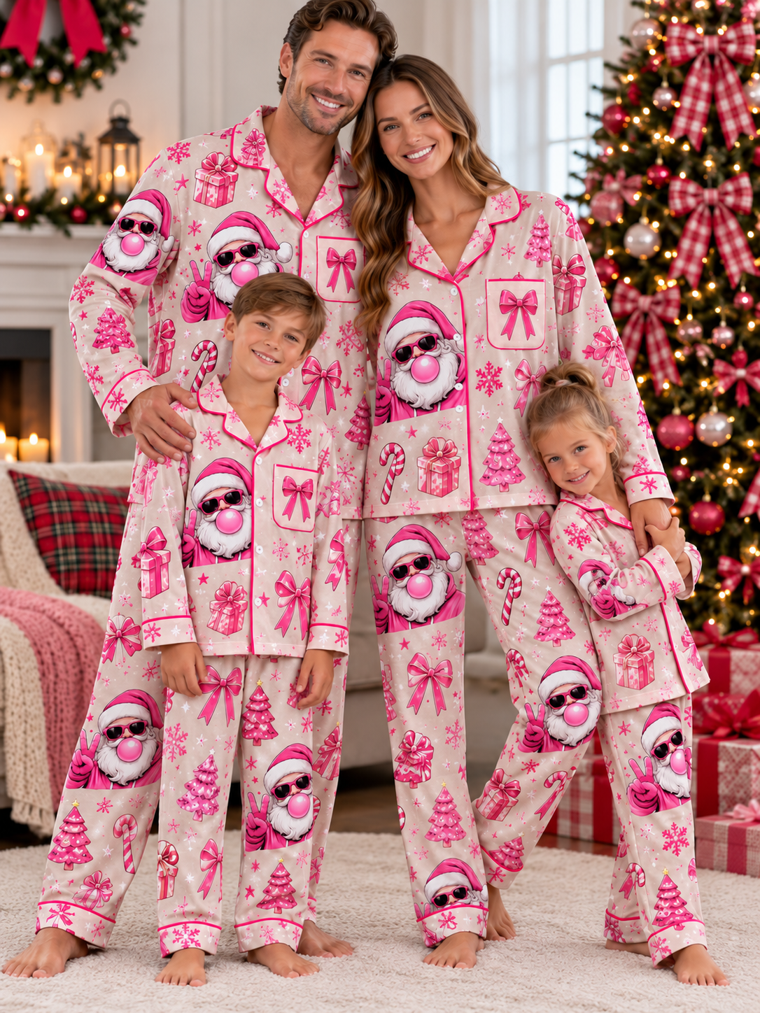 Pink Candy Cane Santa Family Ice Silk Pajamas