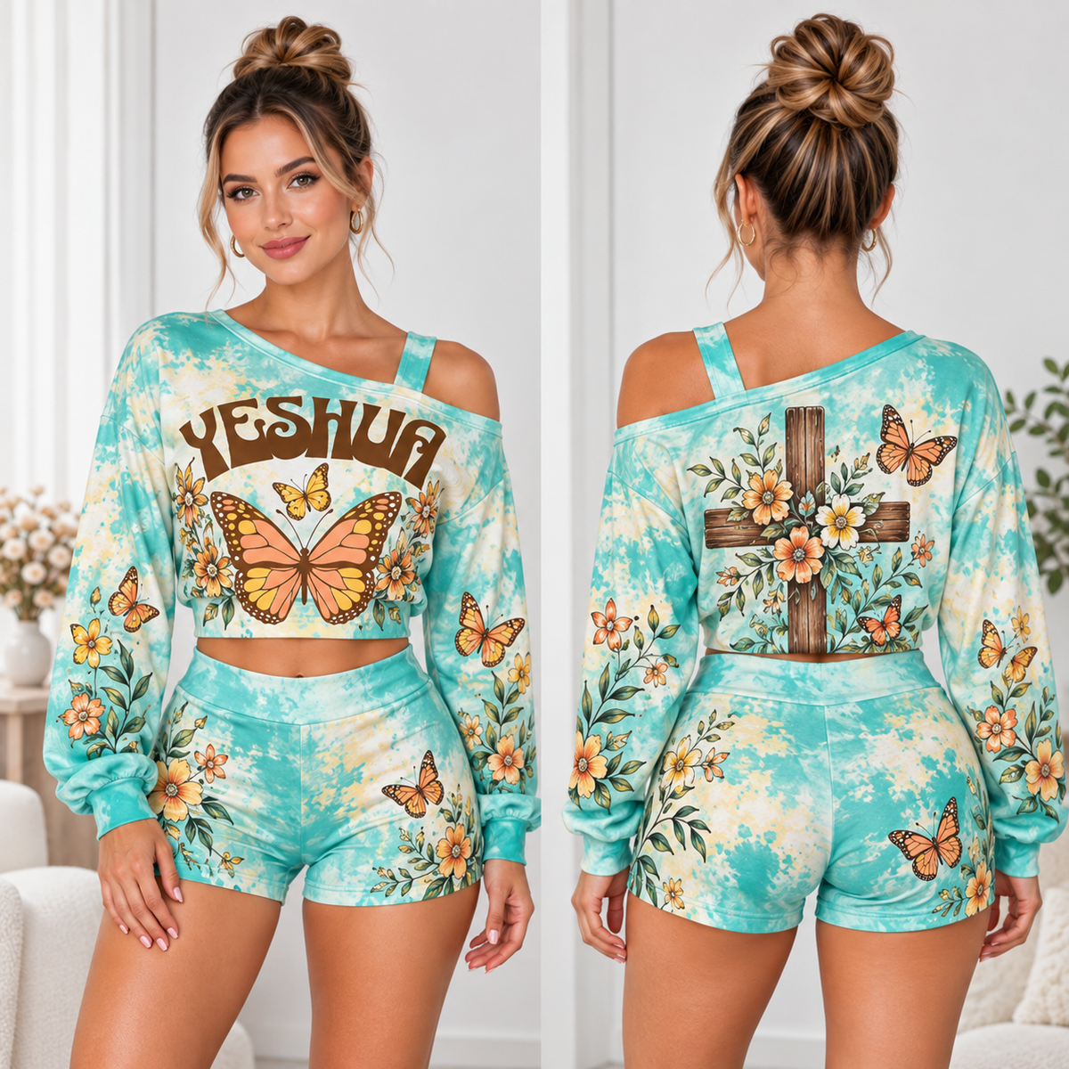 Yes Hun Butterfly One-Shoulder Top And Shorts Set