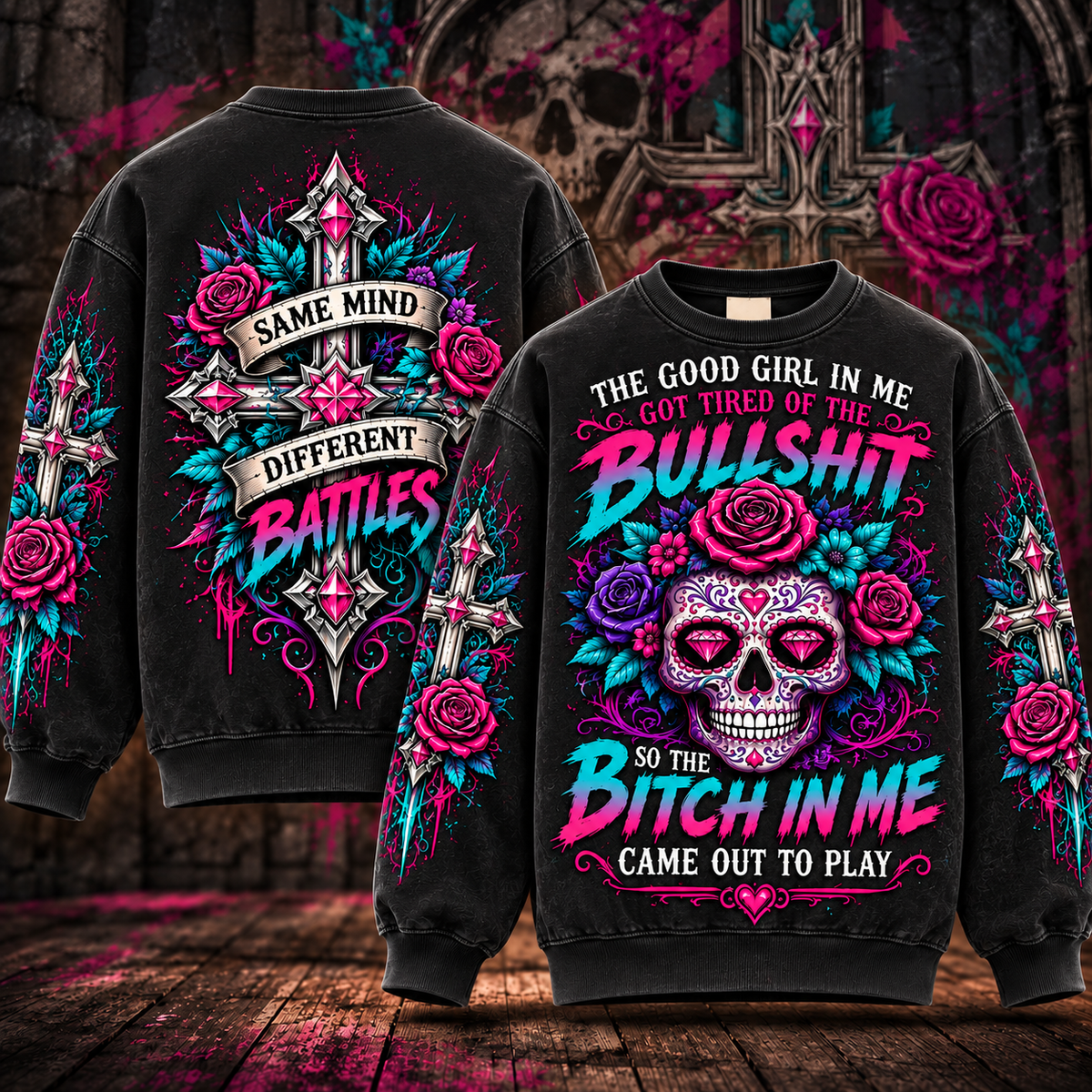 Good Girl, Bold Attitude – Funny Floral Sugar Skull Sweatshirt