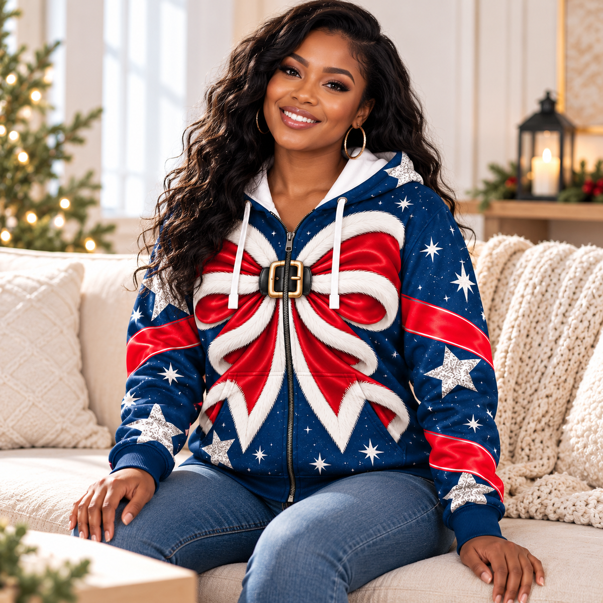Personalized Red Bow Star Zip Hoodie