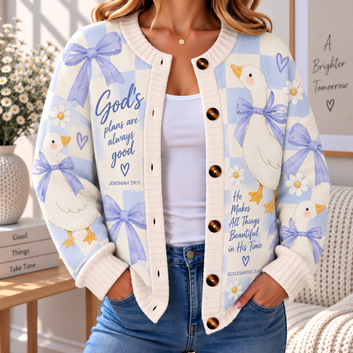 Goose Lavender Bow Women's Cardigan Sweater