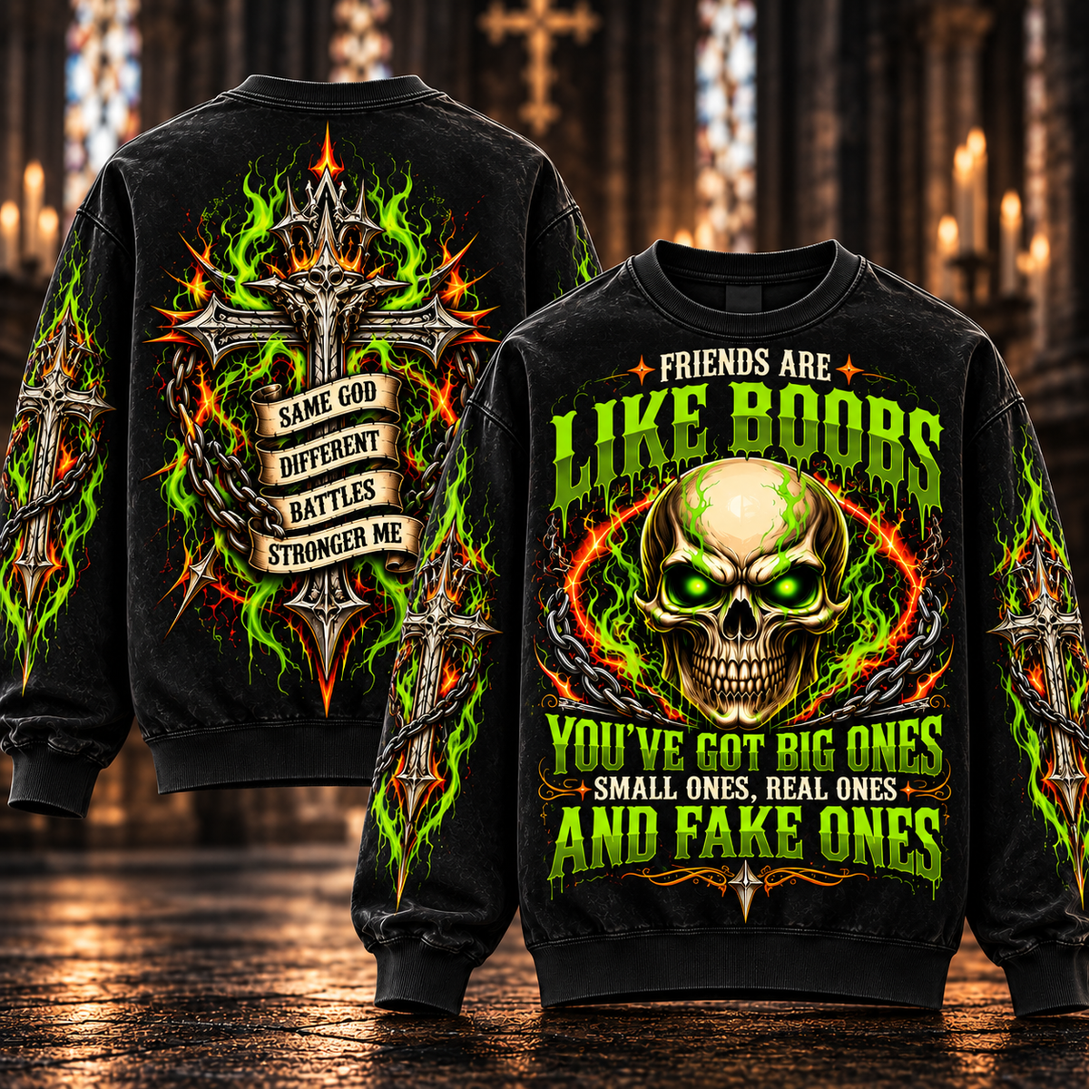 Friends Are Like Boobs – Funny Neon Green Skull Sweatshirt