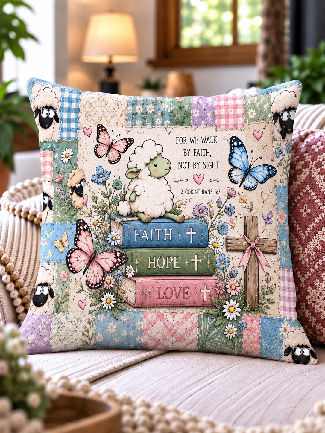 Pastel Lamb and Butterflies Pillow