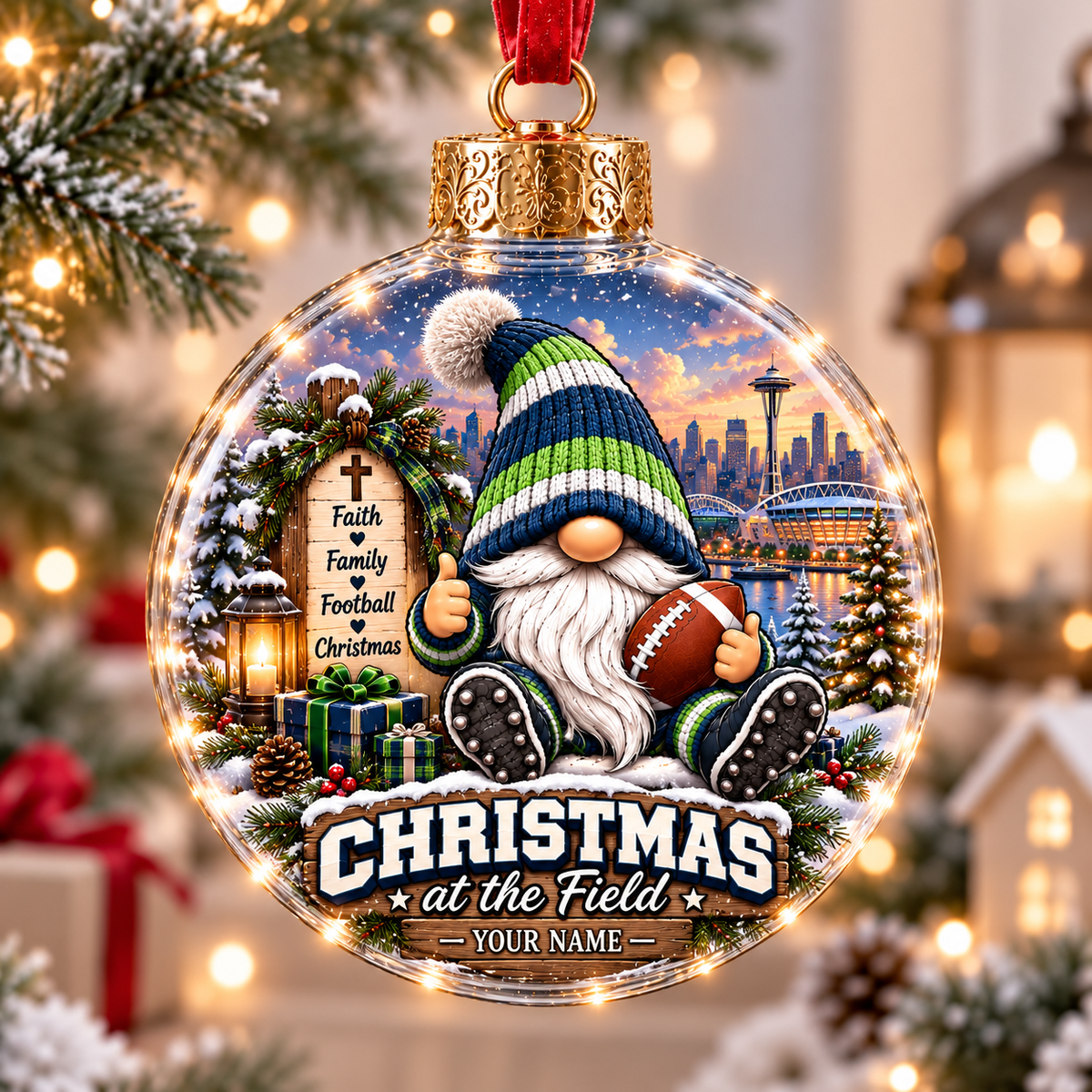 Personalized Navy Lime Stadium Gnome Christmas Ball Ornament
