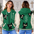 Green Peeking Black Cats Zip-up Baseball Jacket