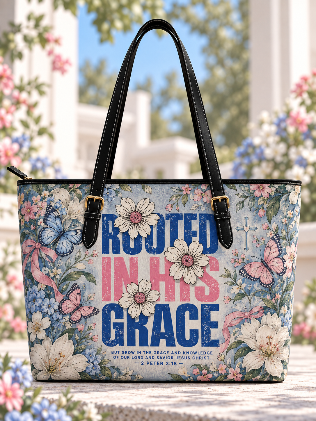 Rooted In His Grace Blue Pink Butterfly Floral Saddle Bag