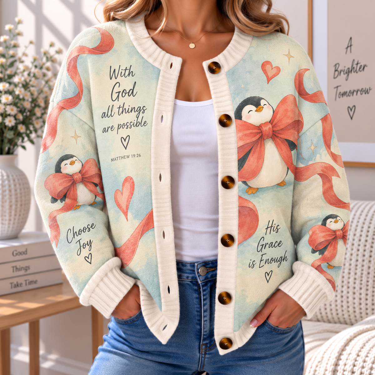 Choose Joy Penguin Bow Women's Cardigan Sweater