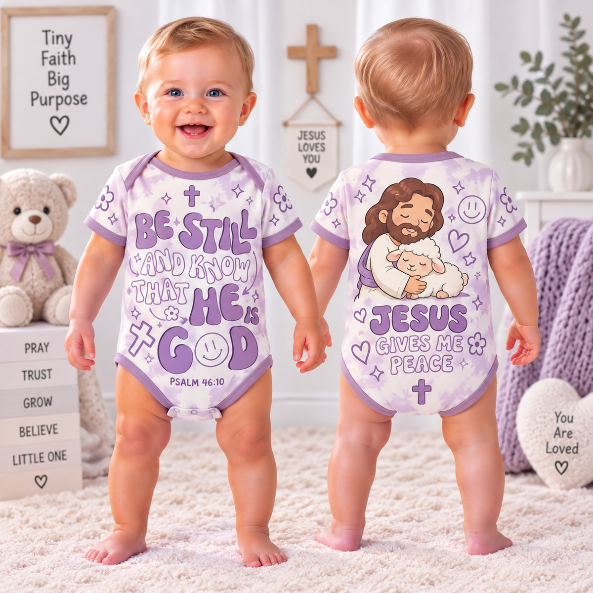 Front and back lavender baby bodysuit with Be Still text and Jesus embracing white lamb