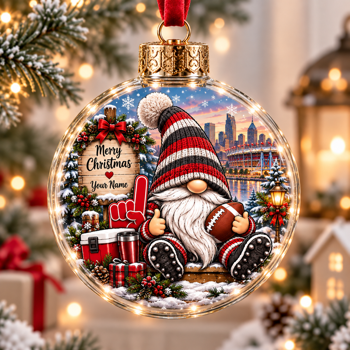 Personalized Red Black Stadium Gnome Christmas Ball Ornament