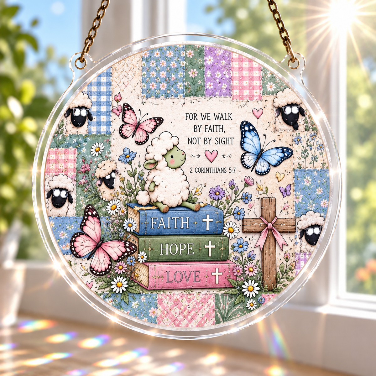 Pastel Lamb and Butterflies Acrylic Suncatcher