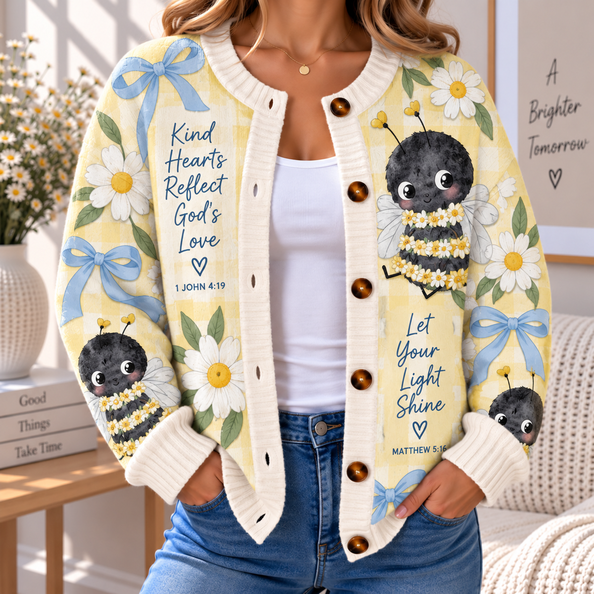 Bee Daisy Blue Bow Women's Cardigan Sweater