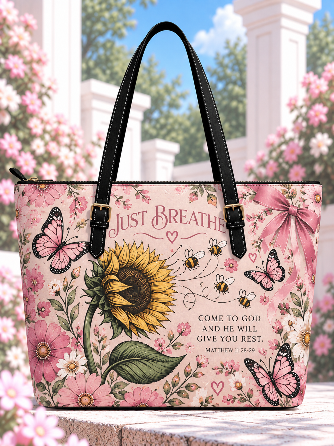 Just Breathe Sunflower Bee Pink Butterfly Saddle Bag