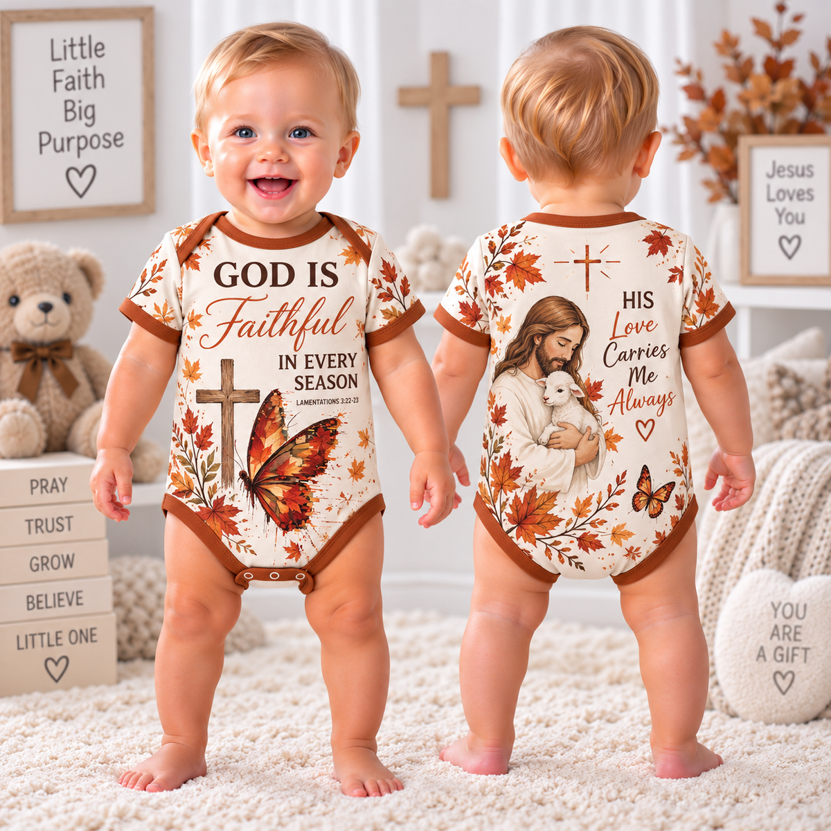 Front and back of autumn baby bodysuit with cross butterfly leaves and Jesus holding lamb