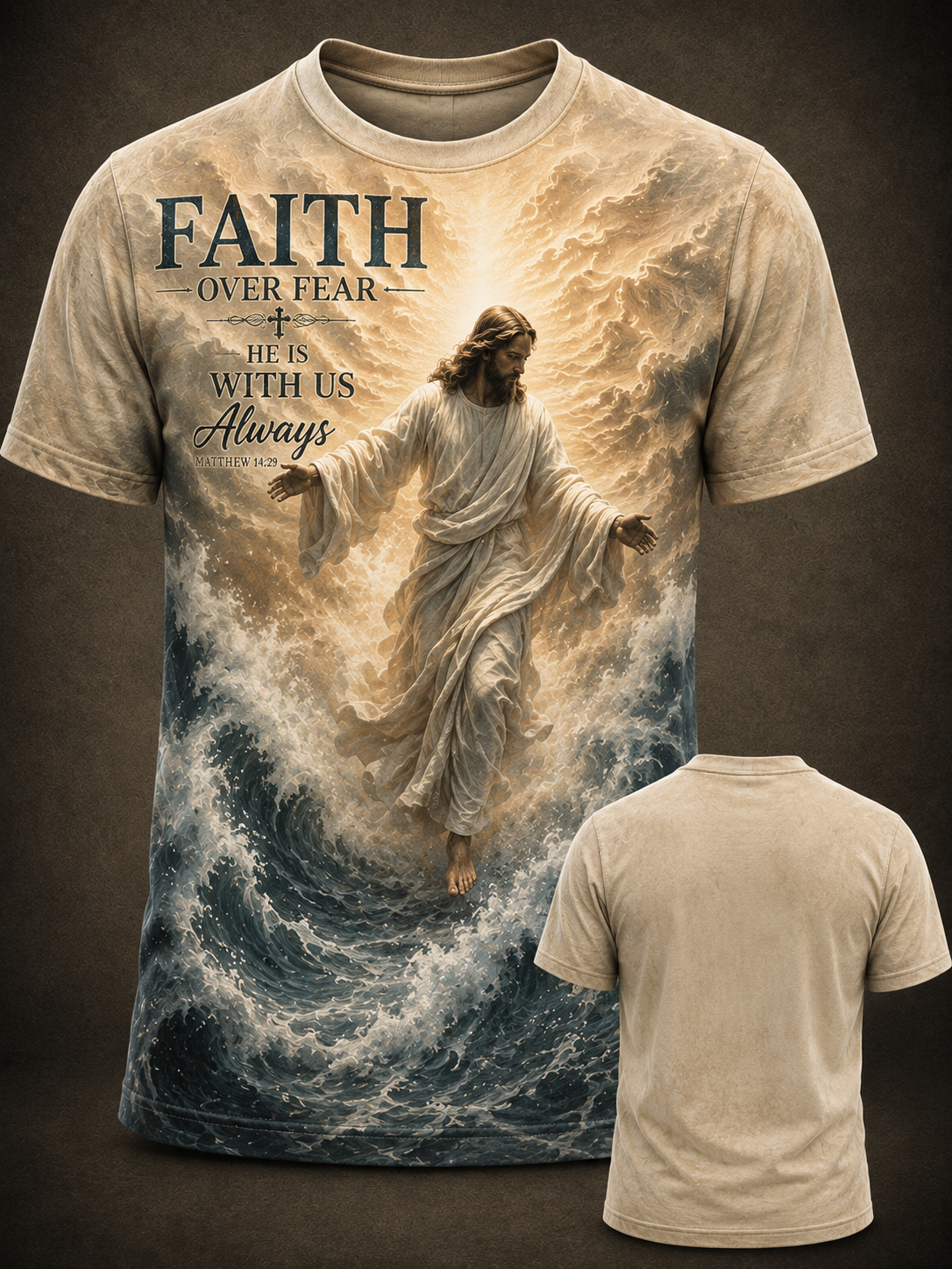 Faith Over Fear T-Shirt – Jesus Walking on Water Matthew 14:29 He Is With Us Always All-Over Print Christian Shirt