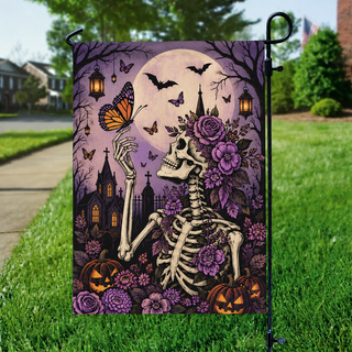 Skeleton Butterfly Purple Floral Gothic Halloween Garden Flag