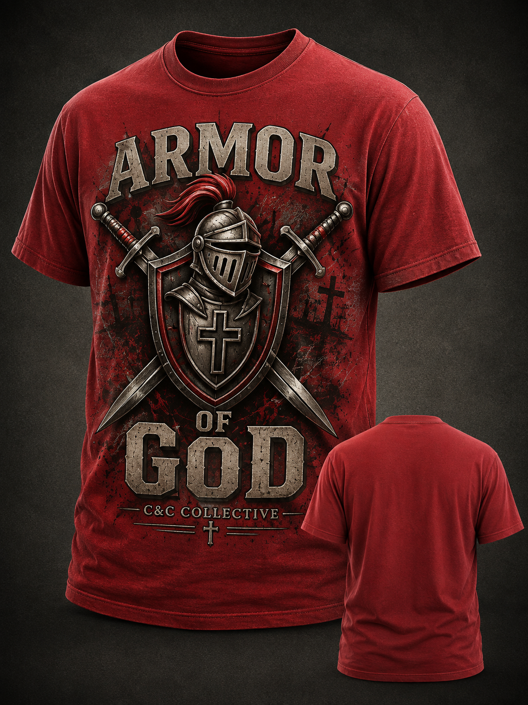 Armor of God T-Shirt – Knight Helmet Cross Shield Crossed Swords Vintage Crest Christian Shirt for Men