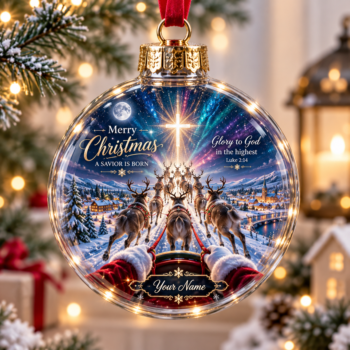 Personalized Reindeer Sleigh Aurora Christmas Ball Ornament