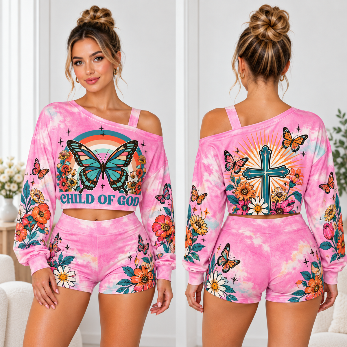 Child Of God Butterfly One-Shoulder Top And Shorts Set